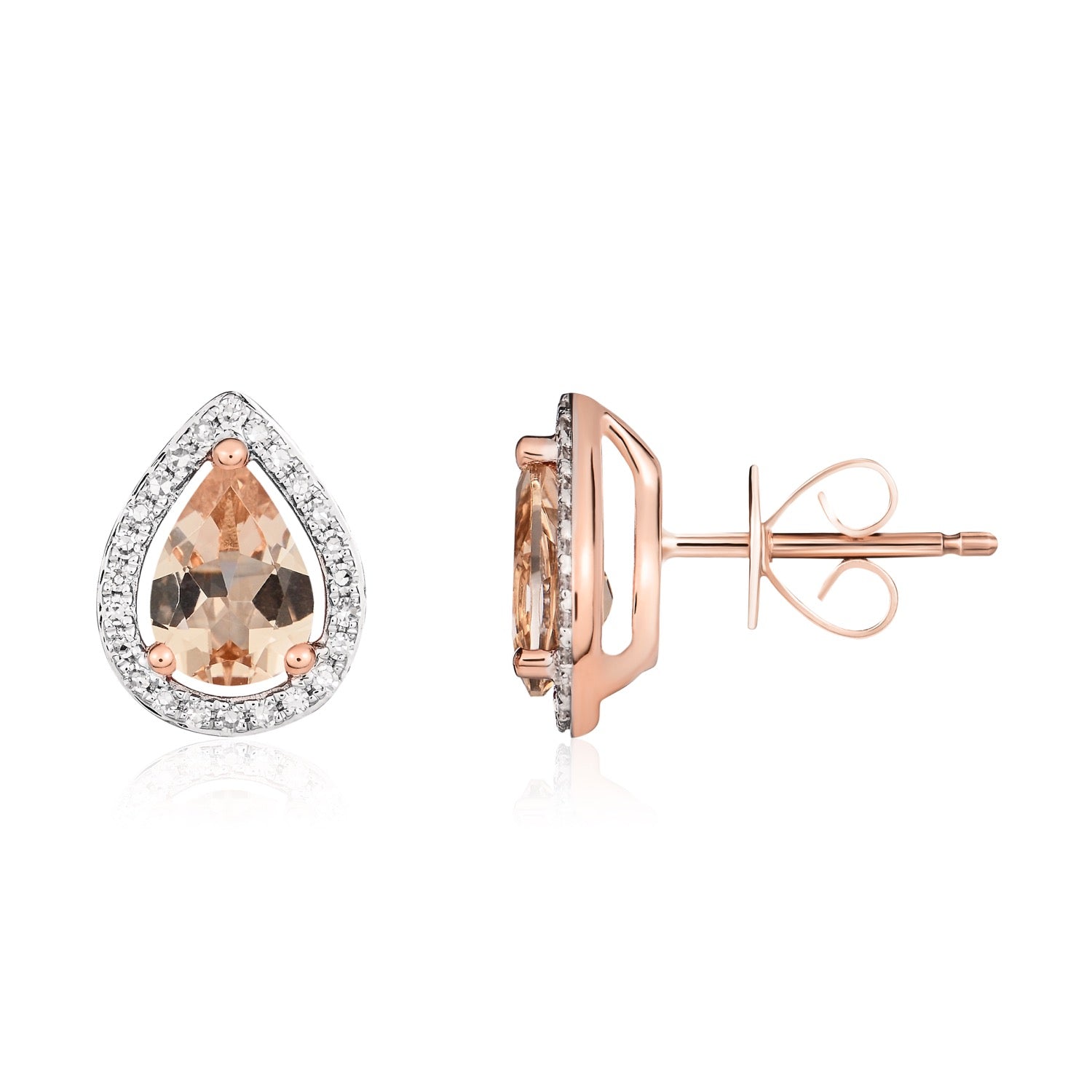 9ct Rose Gold Pear Shape Morganite & Diamond Halo Cluster Stud Earrings — 7x5mm