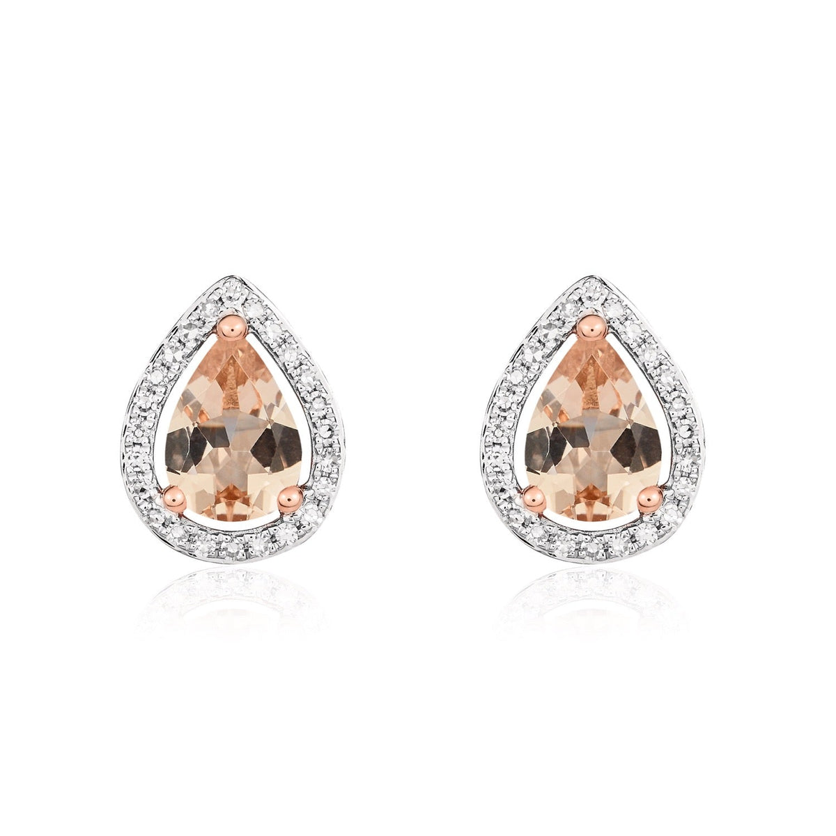 9ct Rose Gold Pear Shaped Natural Morganite & Diamond Halo Cluster Stud Earrings — 7x5mm