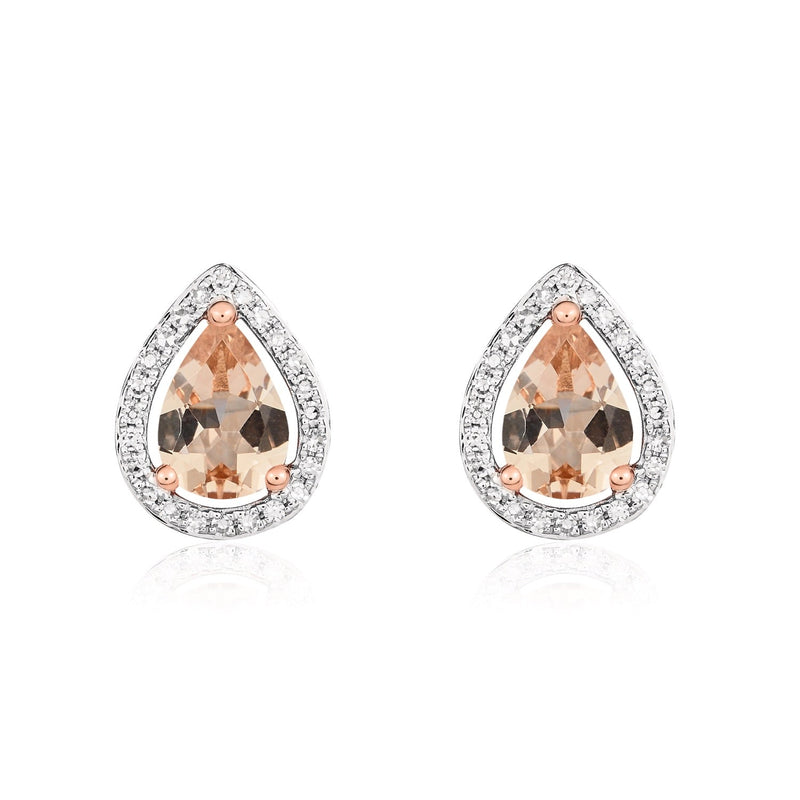 9ct Rose Gold Pear Shaped Natural Morganite & Diamond Halo Cluster Stud Earrings — 7x5mm