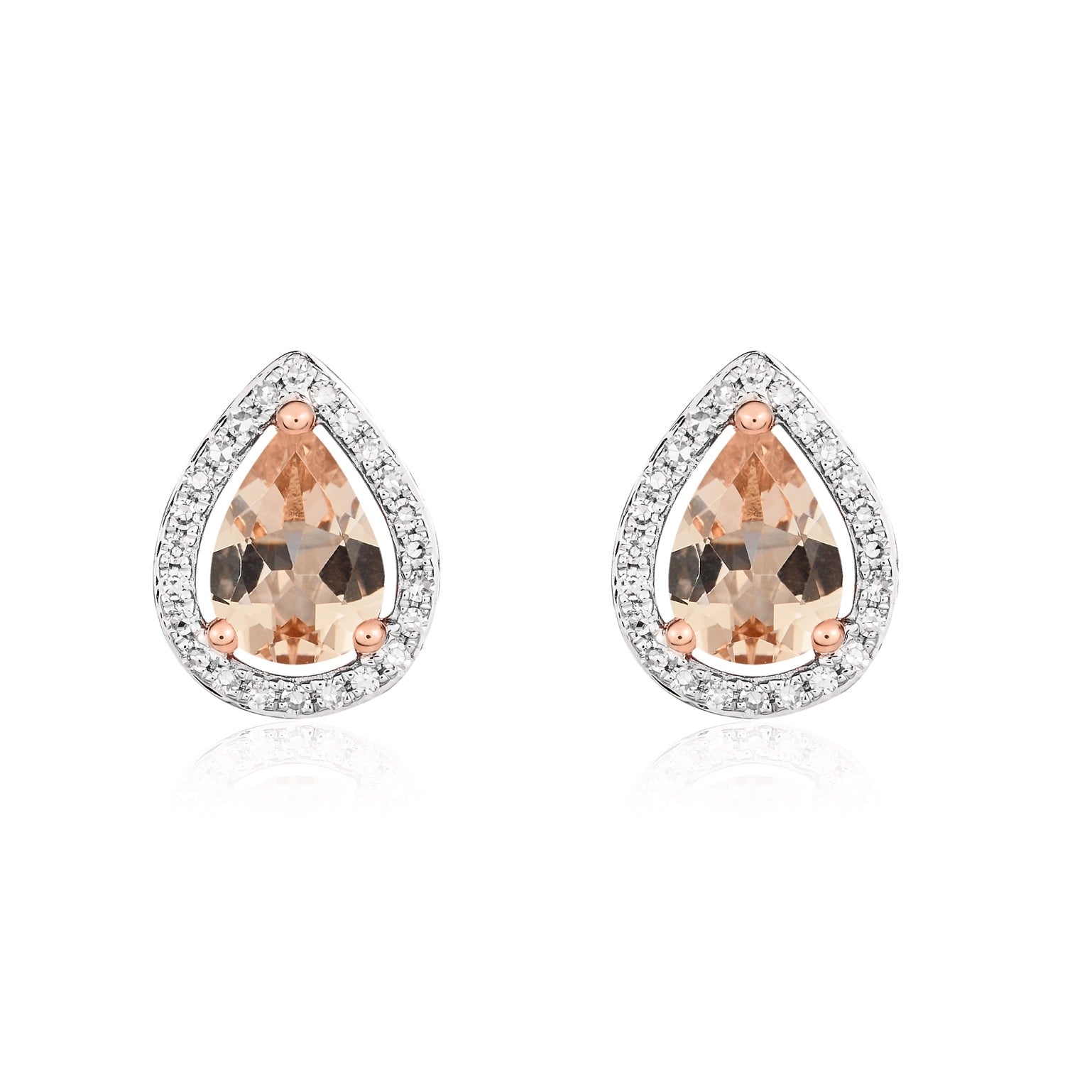 9ct Rose Gold Pear Shape Morganite & Diamond Halo Cluster Stud Earrings — 7x5mm