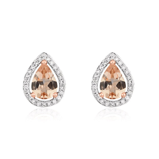 9ct Rose Gold Pear Shaped Natural Morganite and Diamond Halo Cluster Stud Earrings — 7x5mm