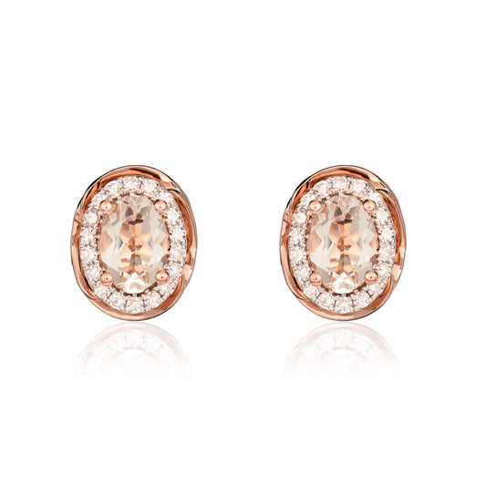 9ct Rose Gold Oval Natural Morganite and Diamond Rope Edge Cluster Stud Earrings — 7x5mm