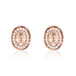 9ct Rose Gold Oval Natural Morganite & Diamond Rope Edge Cluster Stud Earrings — 7x5mm