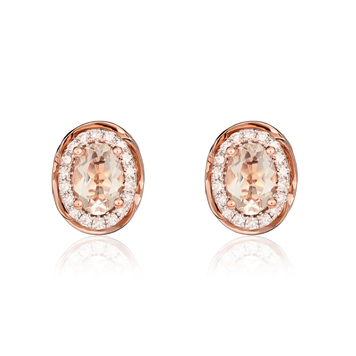 9ct Rose Gold Oval Natural Morganite & Diamond Rope Edge Cluster Stud Earrings — 7x5mm