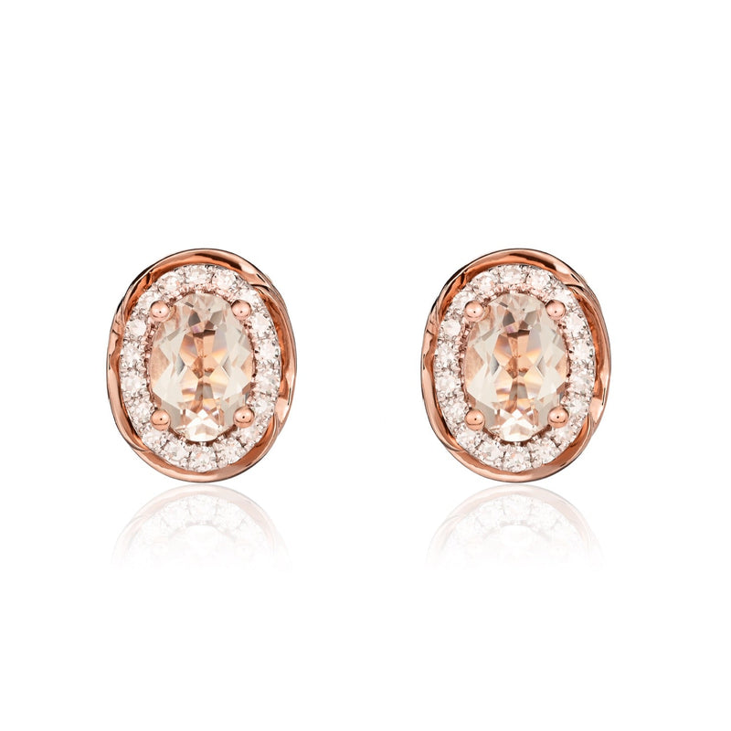 9ct Rose Gold Oval Natural Morganite & Diamond Rope Edge Cluster Stud Earrings — 7x5mm