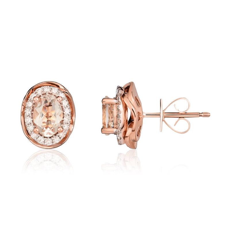 9ct Rose Gold Oval Natural Morganite & Diamond Rope Edge Cluster Stud Earrings — 7x5mm