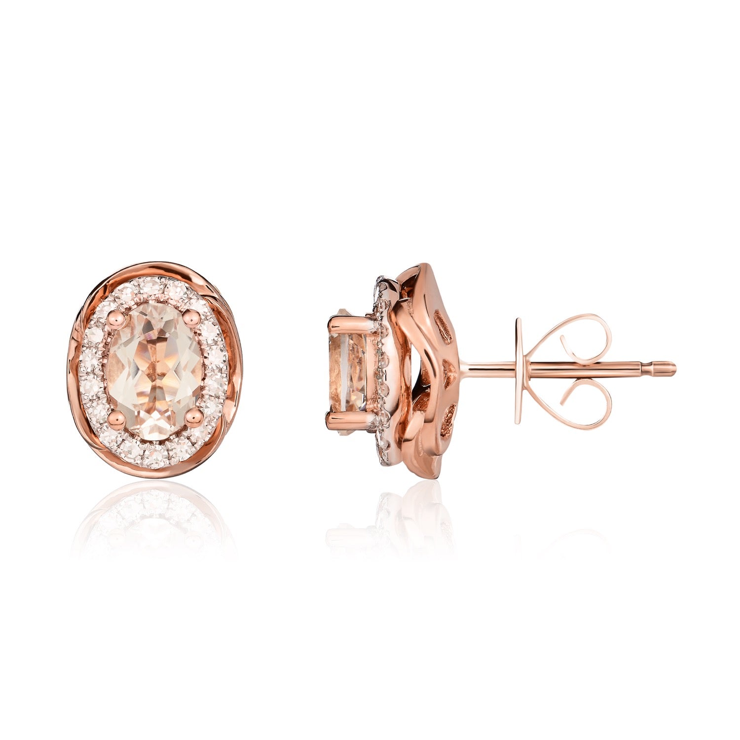 9ct Rose Gold Oval Morganite & Diamond Rope Edge Cluster Stud Earrings — 7x5mm