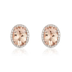 9ct Rose Gold Oval Natural Morganite & Diamond Claw Set Cluster Stud Earrings — 8x6mm