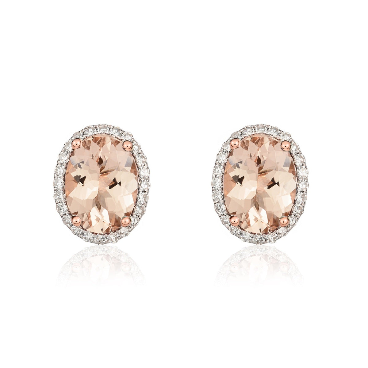 9ct Rose Gold Oval Natural Morganite & Diamond Claw Set Cluster Stud Earrings — 8x6mm