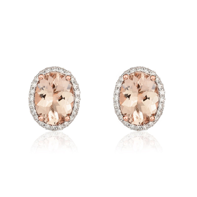 9ct Rose Gold Oval Natural Morganite & Diamond Claw Set Cluster Stud Earrings — 8x6mm