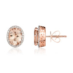 9ct Rose Gold Oval Natural Morganite & Diamond Claw Set Cluster Stud Earrings — 8x6mm