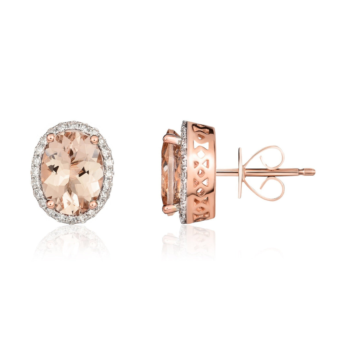 9ct Rose Gold Oval Natural Morganite & Diamond Claw Set Cluster Stud Earrings — 8x6mm