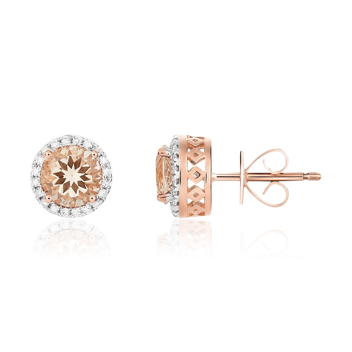 9ct Rose Gold Round Natural Morganite & Diamond Claw Set Cluster Stud Earrings — 6mm
