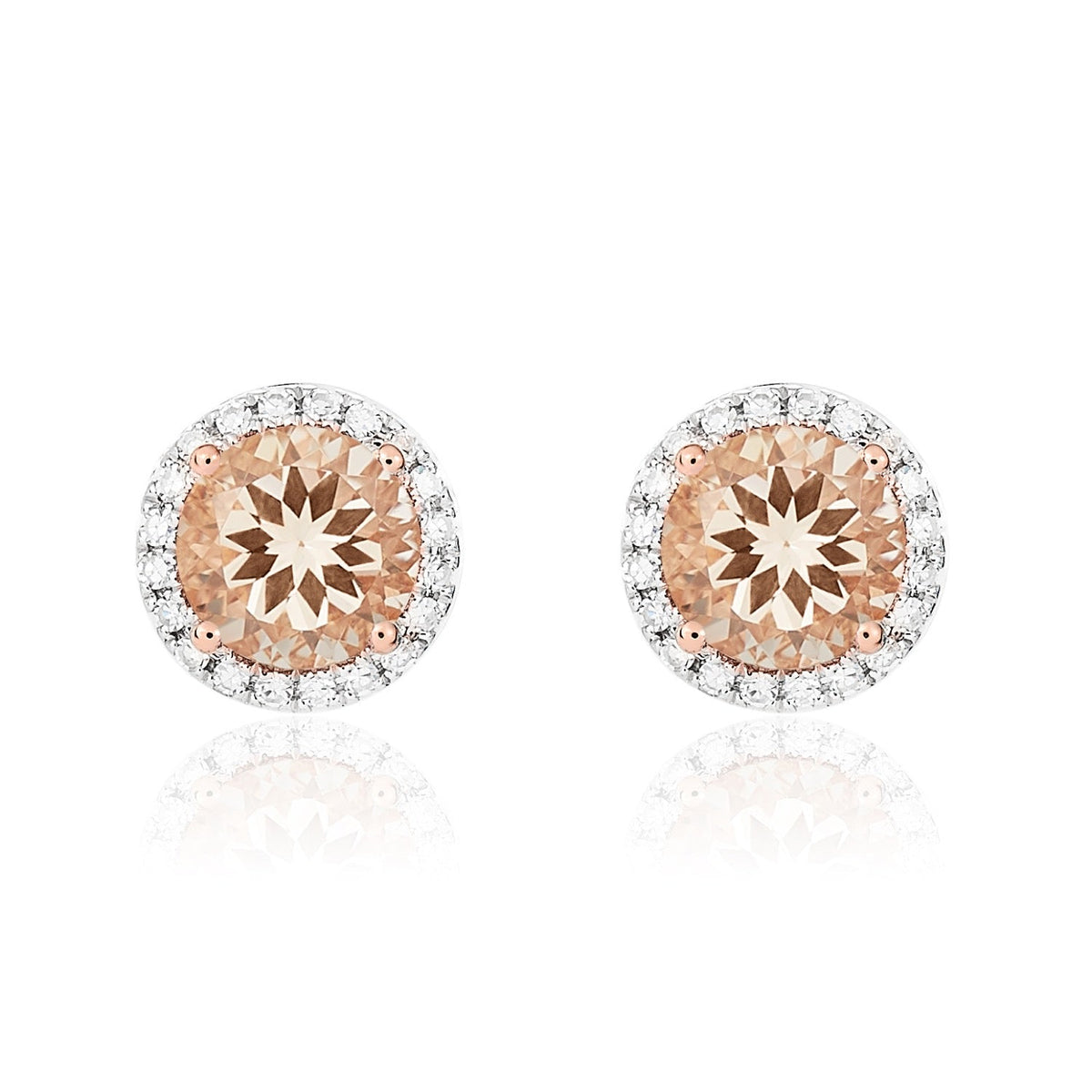 9ct Rose Gold Round Natural Morganite & Diamond Claw Set Cluster Stud Earrings — 6mm