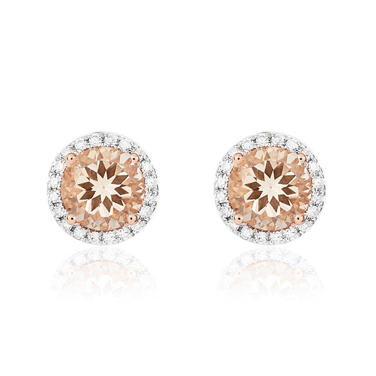 9ct Rose Gold Round Natural Morganite and Diamond Claw Set Cluster Stud Earrings — 6mm