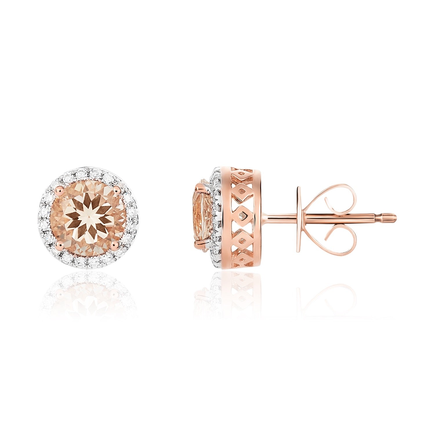 9ct Rose Gold Round Morganite & Diamond Claw Set Cluster Stud Earrings — 6mm