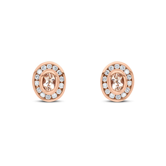 9ct Rose Gold Oval Natural Morganite and Diamond Cluster Stud Earrings — 4x3mm
