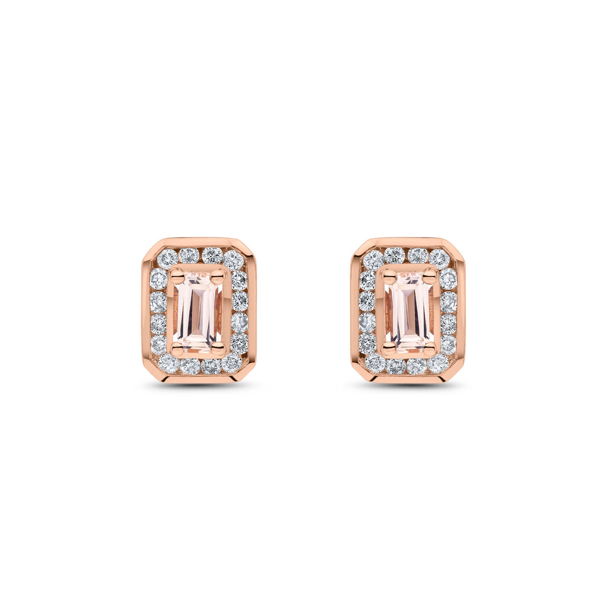9ct Rose Gold Octagonal Natural Morganite & Diamond Claw Set Cluster Stud Earrings — 5x3mm