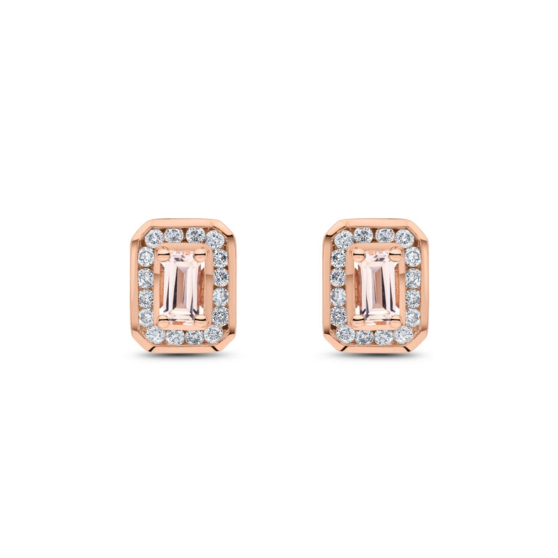 9ct Rose Gold Octagonal Natural Morganite & Diamond Claw Set Cluster Stud Earrings — 5x3mm