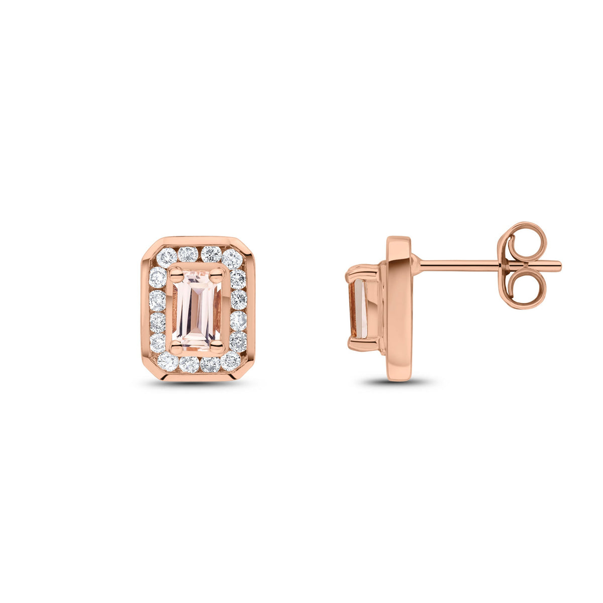 9ct Rose Gold Octagonal Natural Morganite & Diamond Claw Set Cluster Stud Earrings — 5x3mm