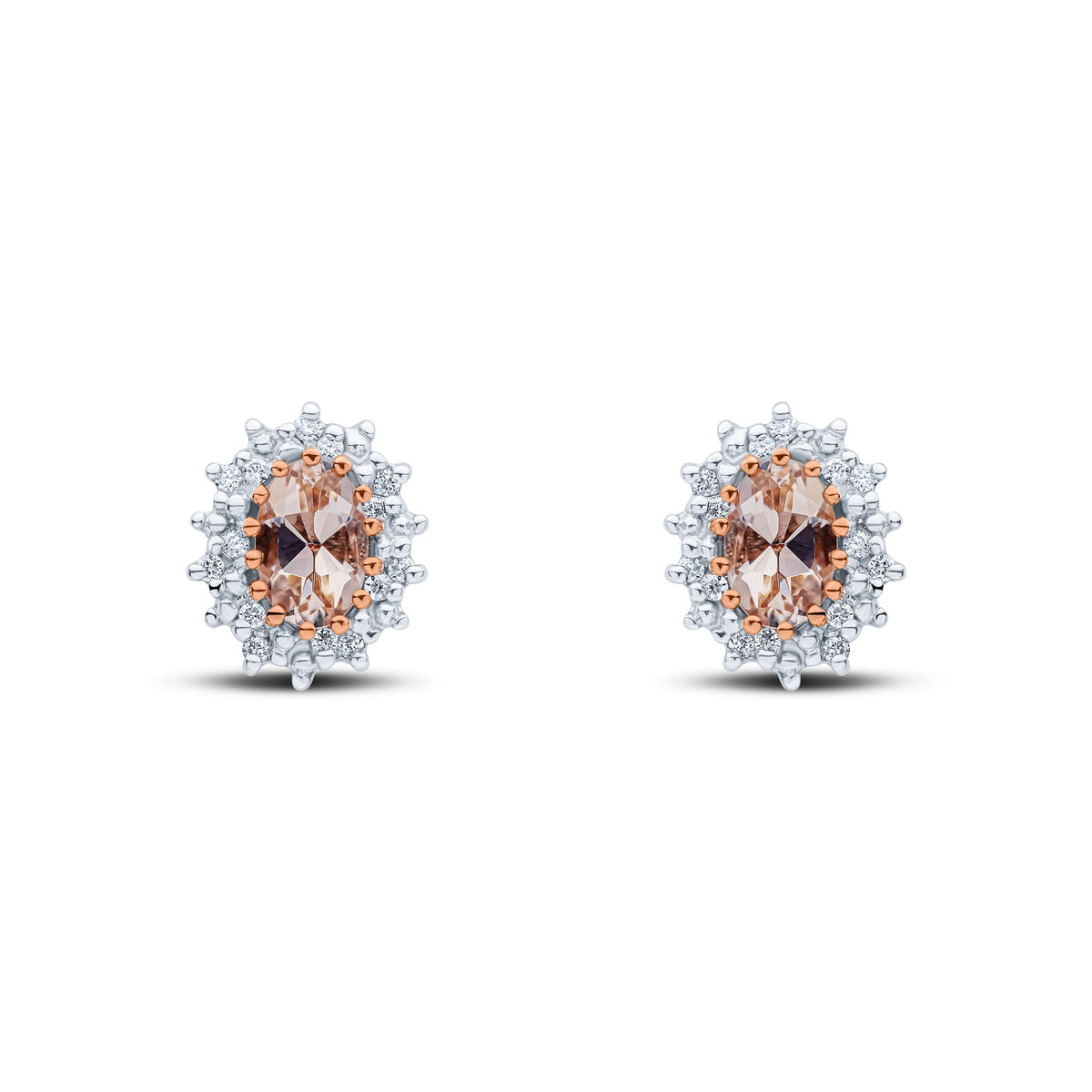 9ct Rose Gold Oval Natural Morganite & Diamond Claw Set Cluster Stud Earrings — 6x4mm