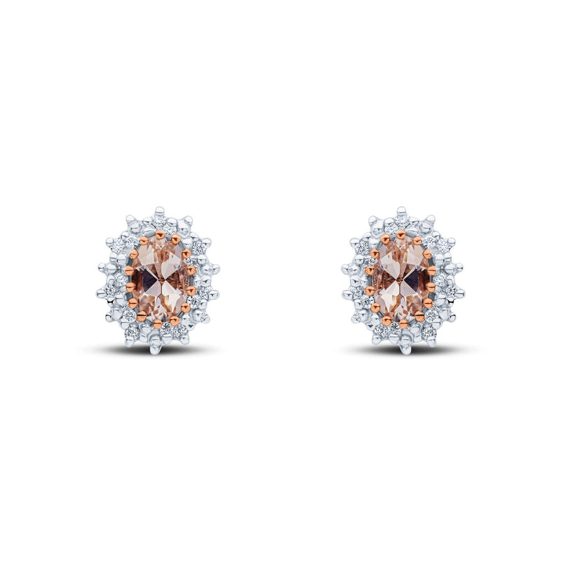 9ct Rose Gold Oval Natural Morganite & Diamond Claw Set Cluster Stud Earrings — 6x4mm