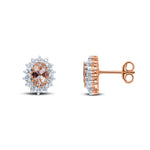 9ct Rose Gold Oval Natural Morganite & Diamond Claw Set Cluster Stud Earrings — 6x4mm