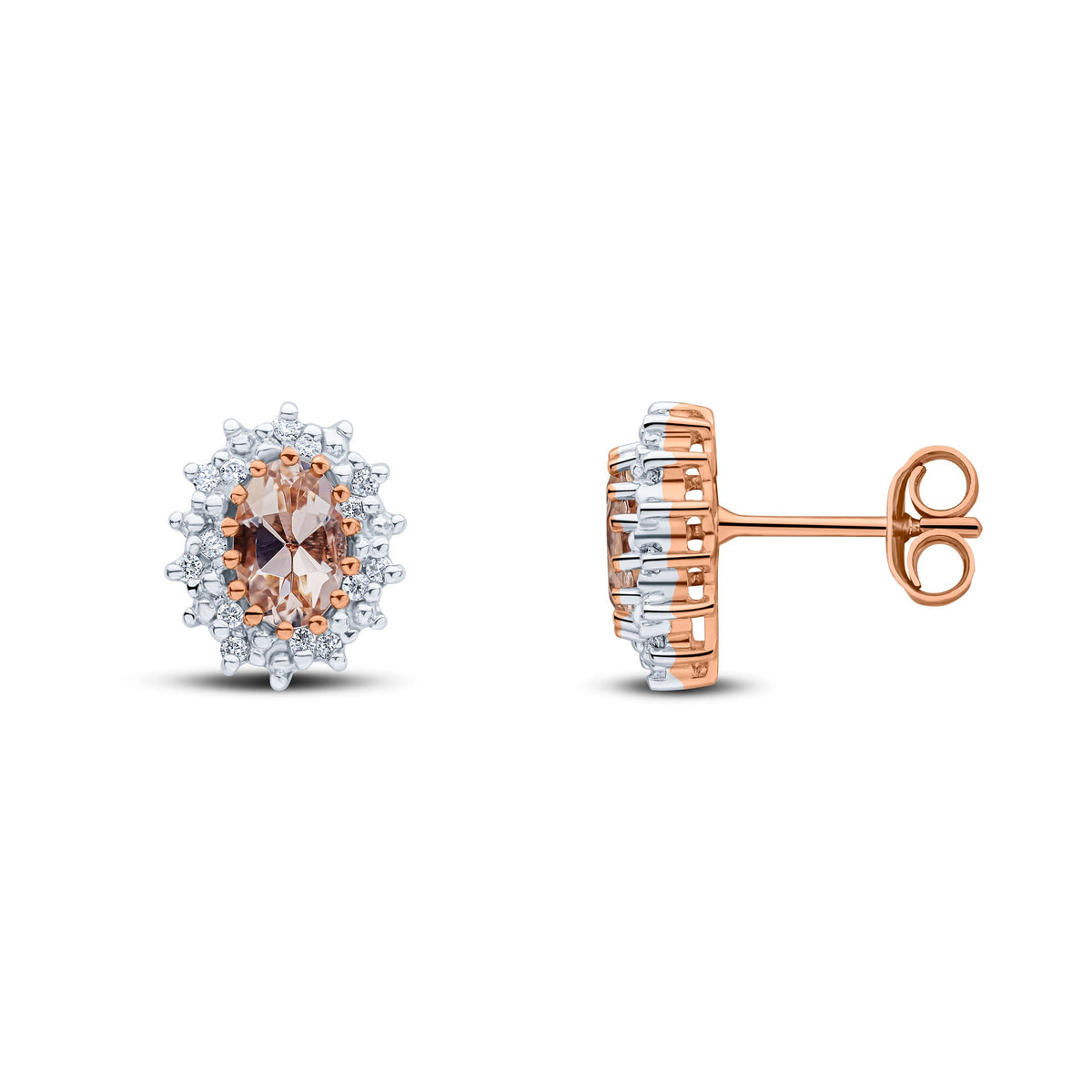 9ct Rose Gold Oval Natural Morganite & Diamond Claw Set Cluster Stud Earrings — 6x4mm