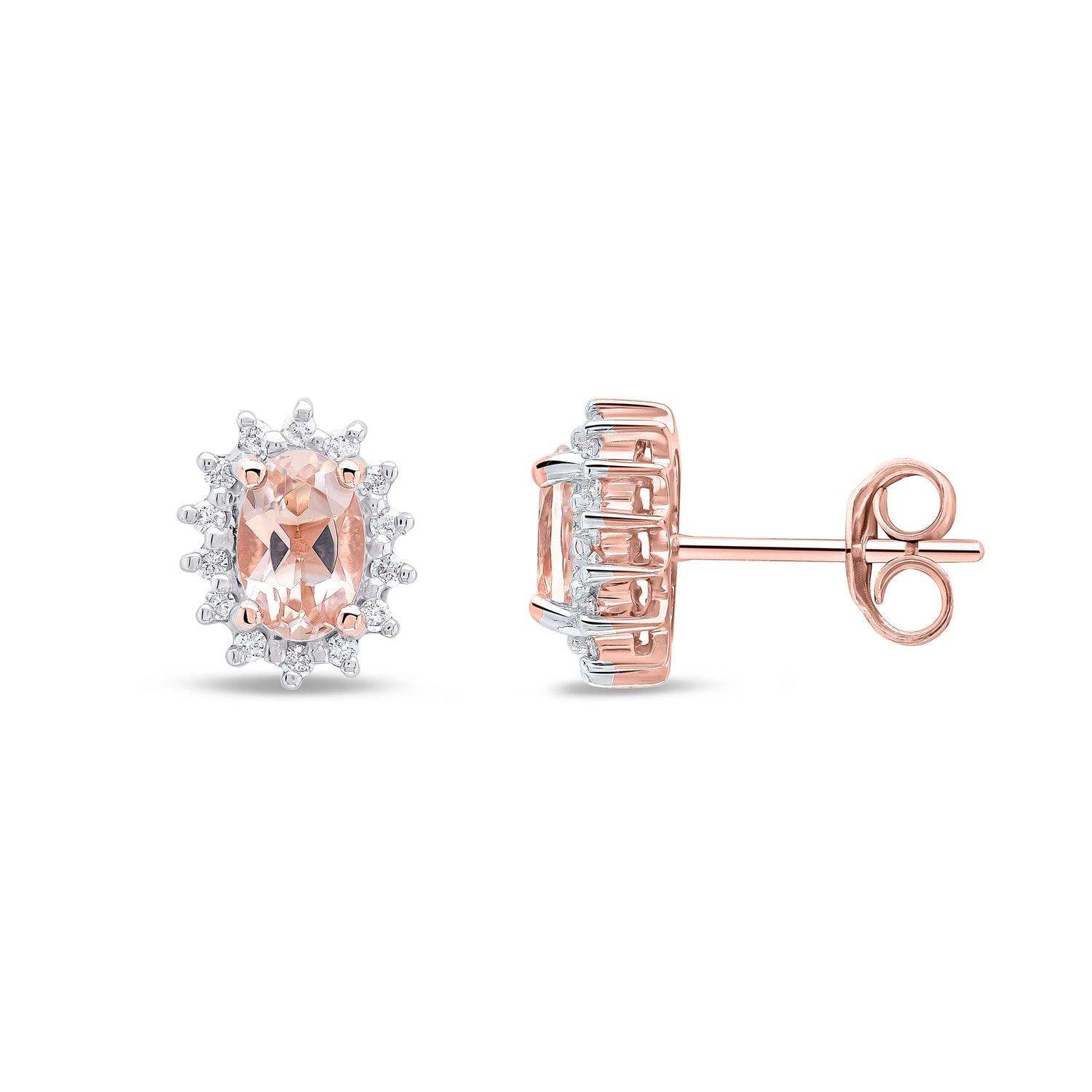 9ct Rose Gold Oval Morganite & Diamond Claw Set Cluster Stud Earrings — 6x4mm