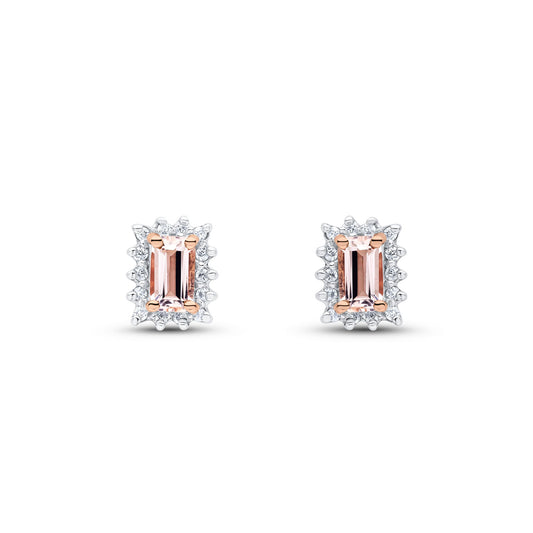 9ct Rose Gold Octagonal Emerald Cut Natural Morganite and Diamond Claw Set Cluster Stud Earrings — 5x3mm
