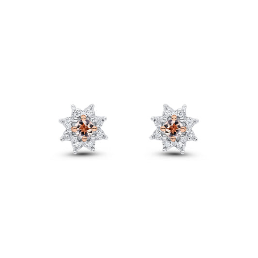 9ct Rose Gold Round Natural Morganite and Diamond Cluster Stud Earrings — 3mm