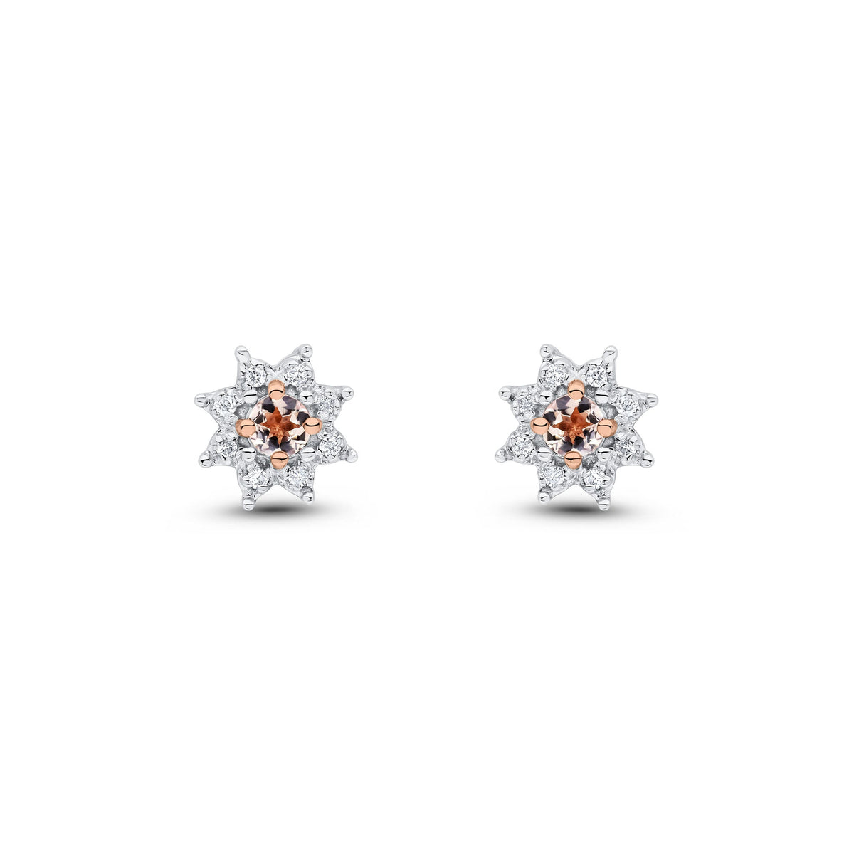 9ct Rose Gold Round Natural Morganite & Diamond Claw Set Cluster Stud Earrings — 3mm