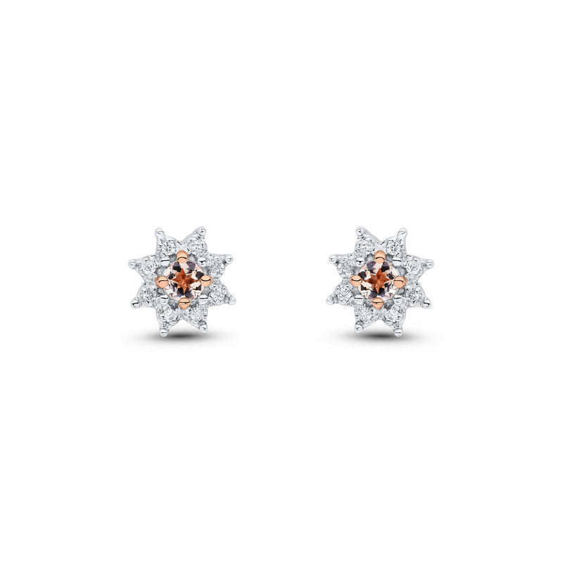 9ct Rose Gold Round Natural Morganite & Diamond Claw Set Cluster Stud Earrings — 3mm