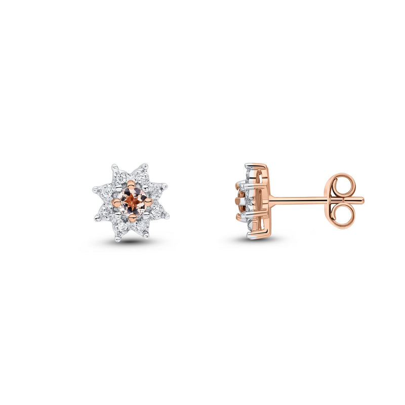 9ct Rose Gold Round Natural Morganite & Diamond Claw Set Cluster Stud Earrings — 3mm