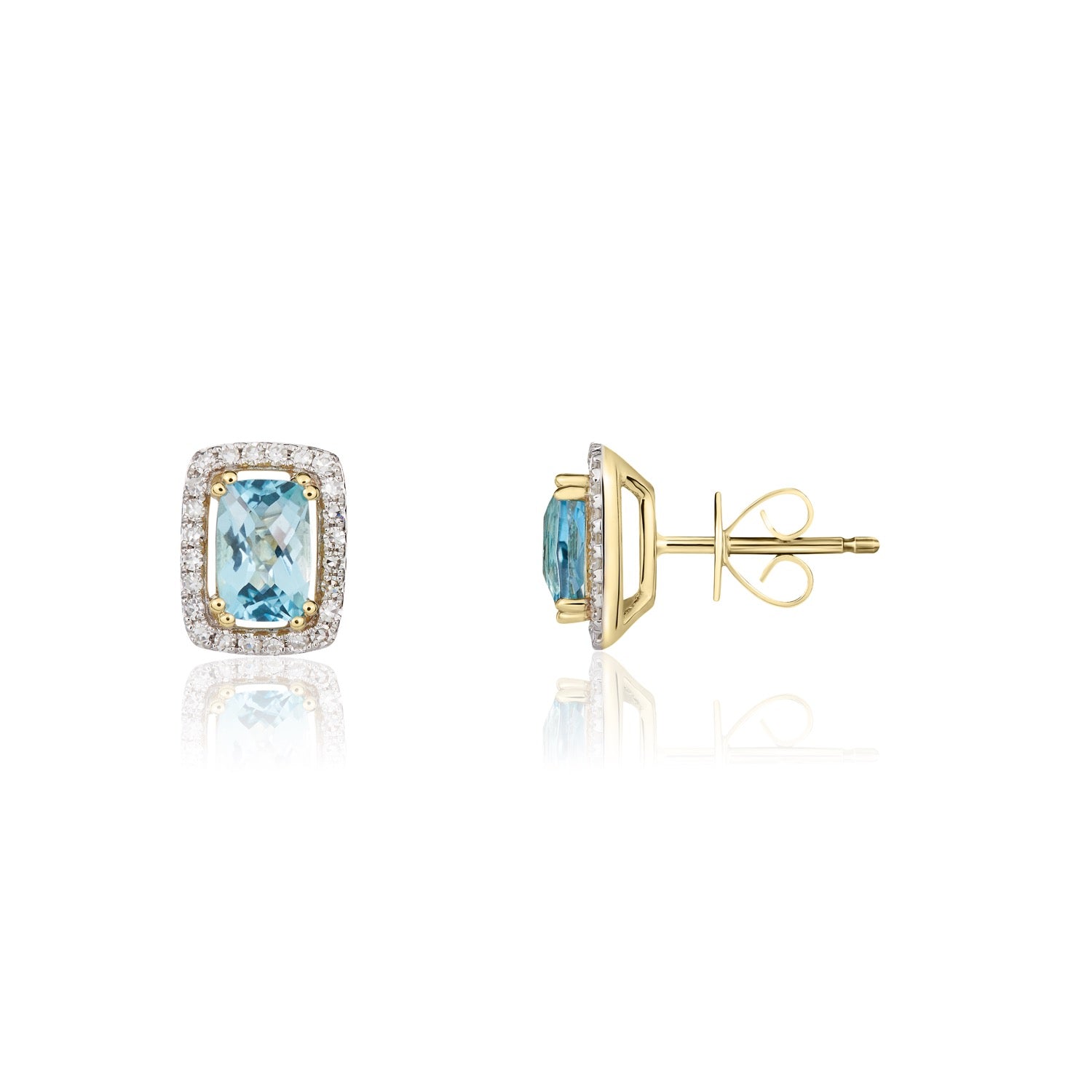 9ct Yellow Gold Octagonal Cushion Cut Natural Swiss Blue Topaz and Diamond Cluster Earrings — 6x4mm
