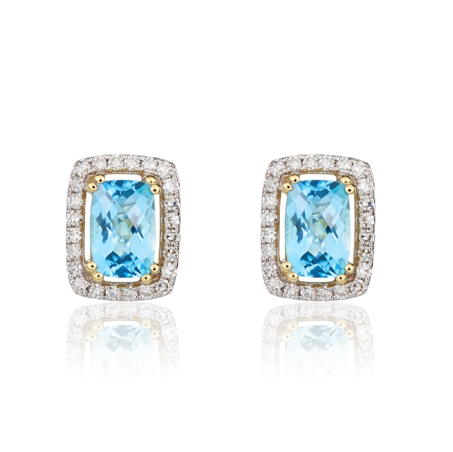 9ct Yellow Gold Octagonal Cushion Cut Natural Swiss Blue Topaz and Diamond Cluster Earrings — 6x4mm