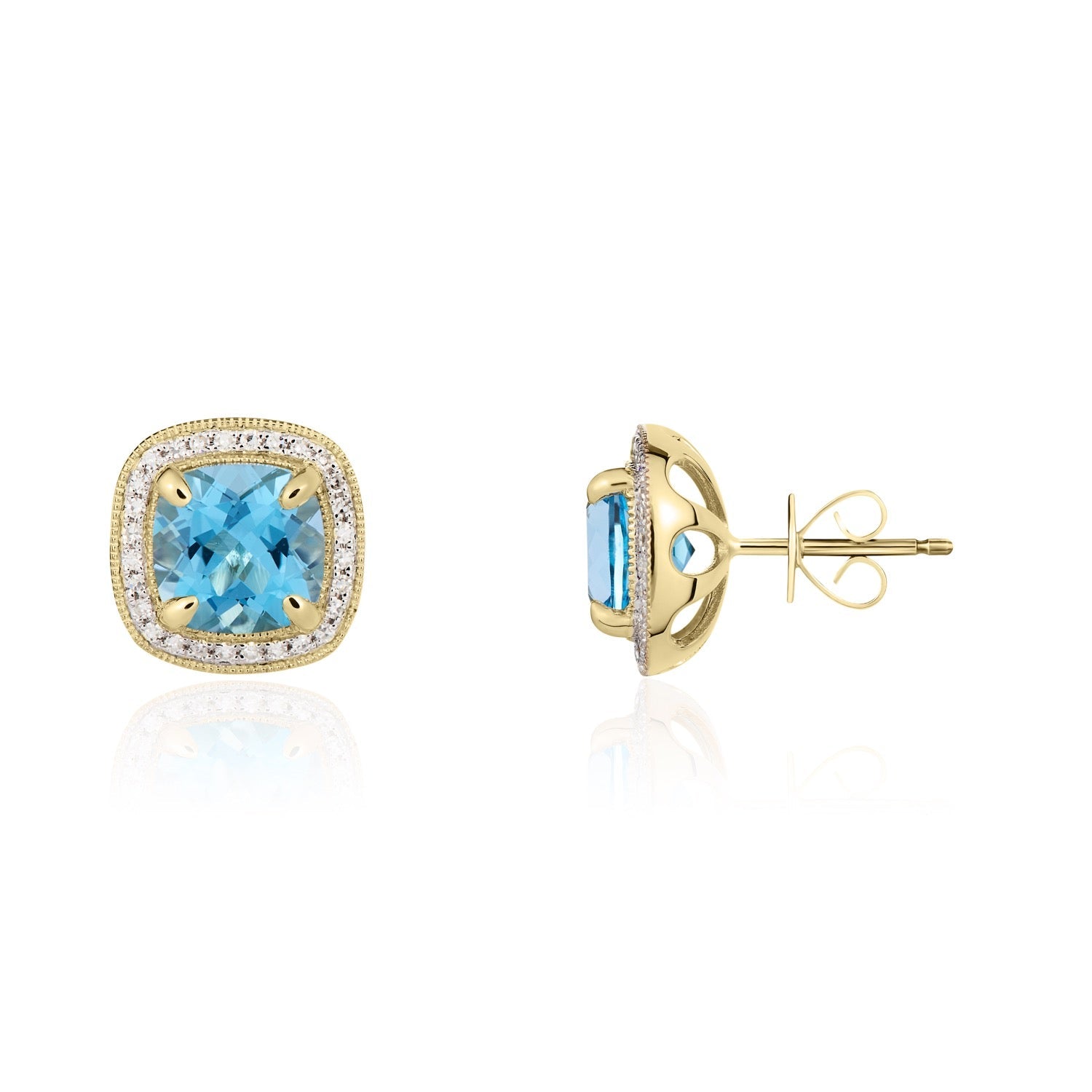 9ct Yellow Gold Cushion Natural Swiss Blue Topaz and Diamond Cluster Earrings — 7mm