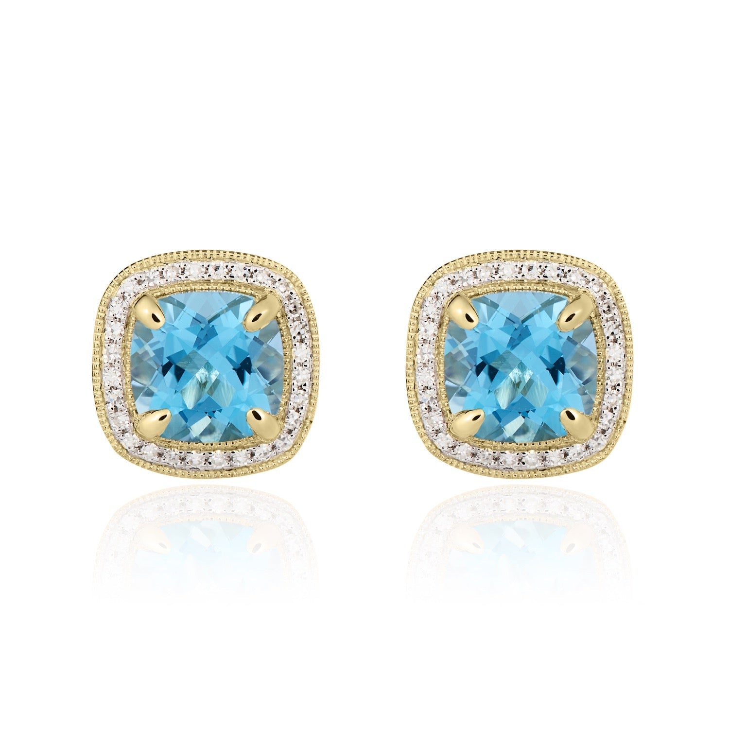 9ct Yellow Gold Cushion Natural Swiss Blue Topaz and Diamond Cluster Earrings — 7mm