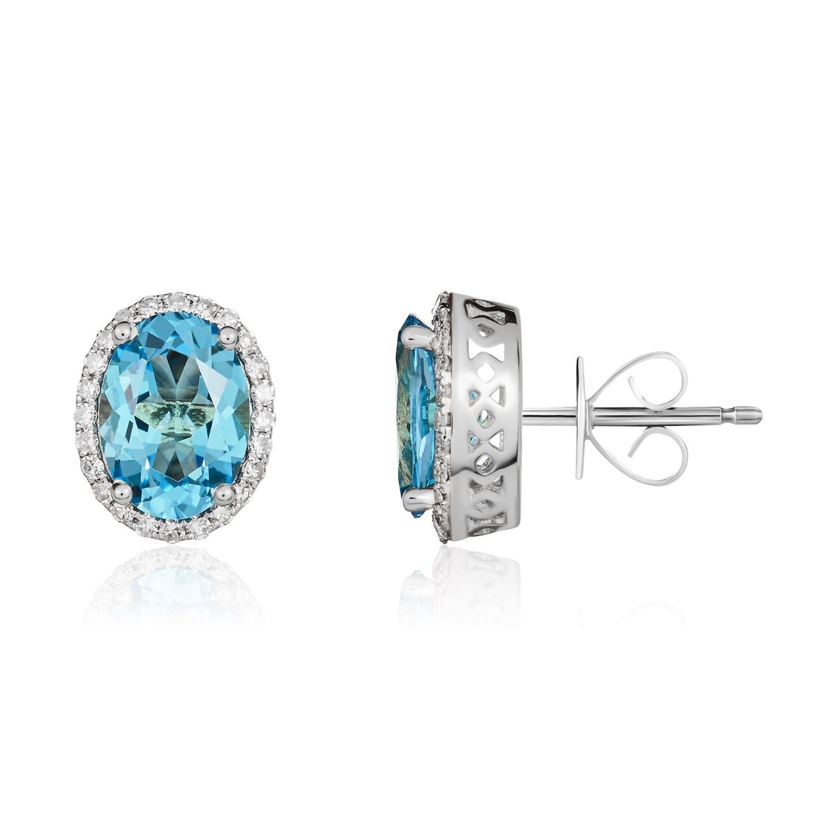 9ct White Gold Oval Natural Swiss Blue Topaz & Diamond Claw Set Cluster Stud Earrings — 8x6mm