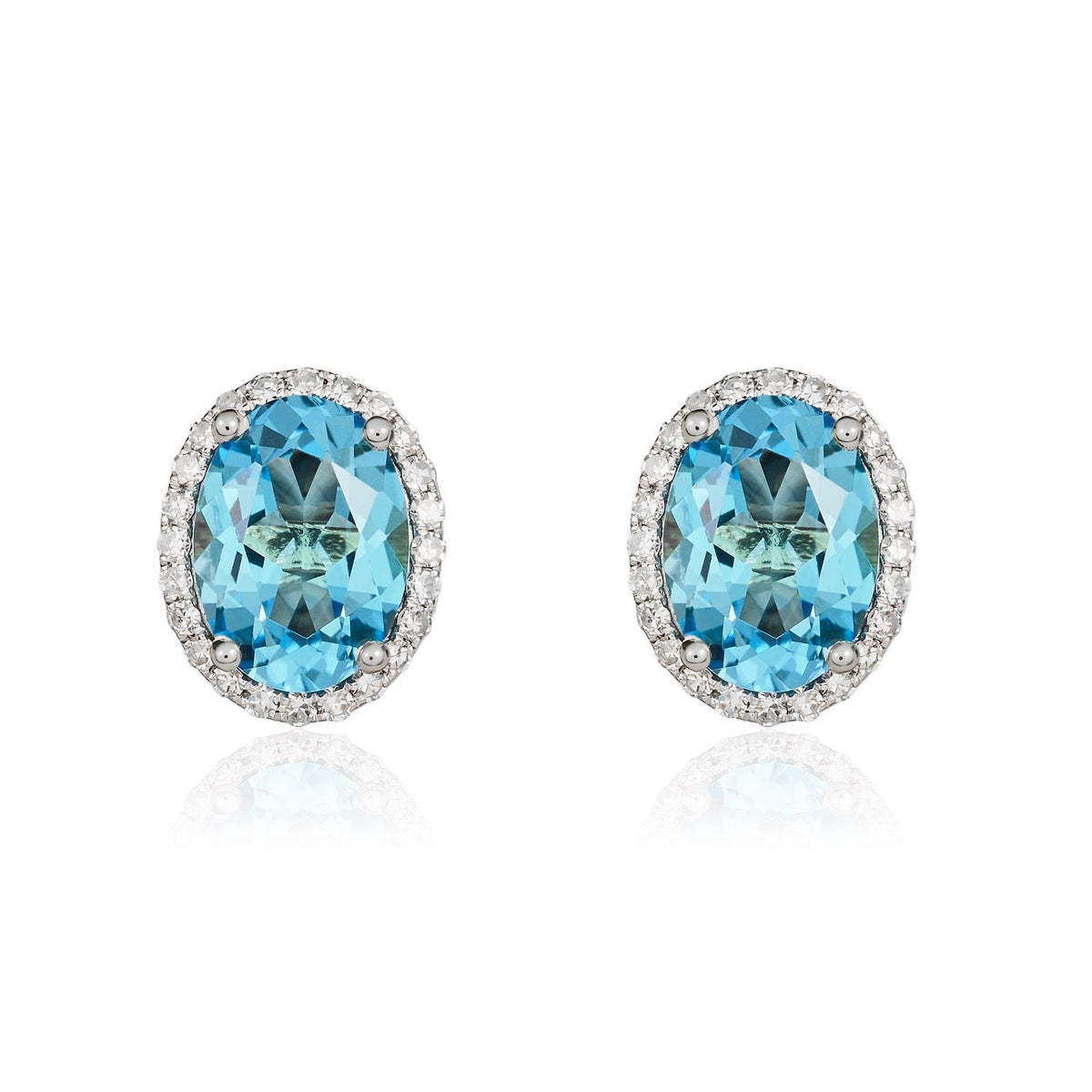 9ct White Gold Oval Natural Swiss Blue Topaz & Diamond Claw Set Cluster Stud Earrings — 8x6mm