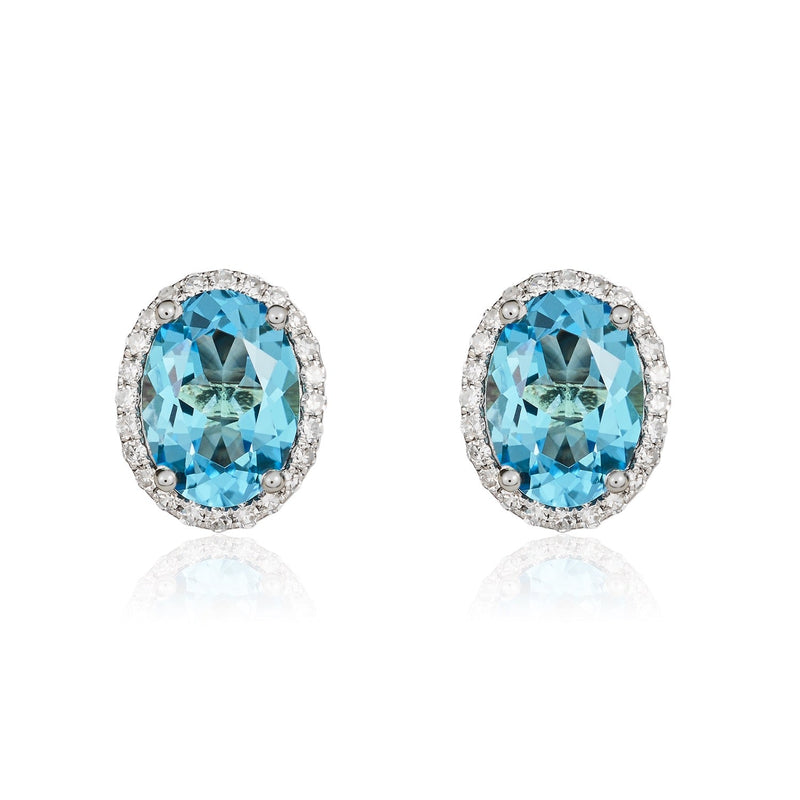 9ct White Gold Oval Natural Swiss Blue Topaz & Diamond Claw Set Cluster Stud Earrings — 8x6mm