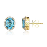 9ct Yellow Gold Oval Natural Swiss Blue Topaz & Diamond Claw Set Cluster Stud Earrings — 8x6mm