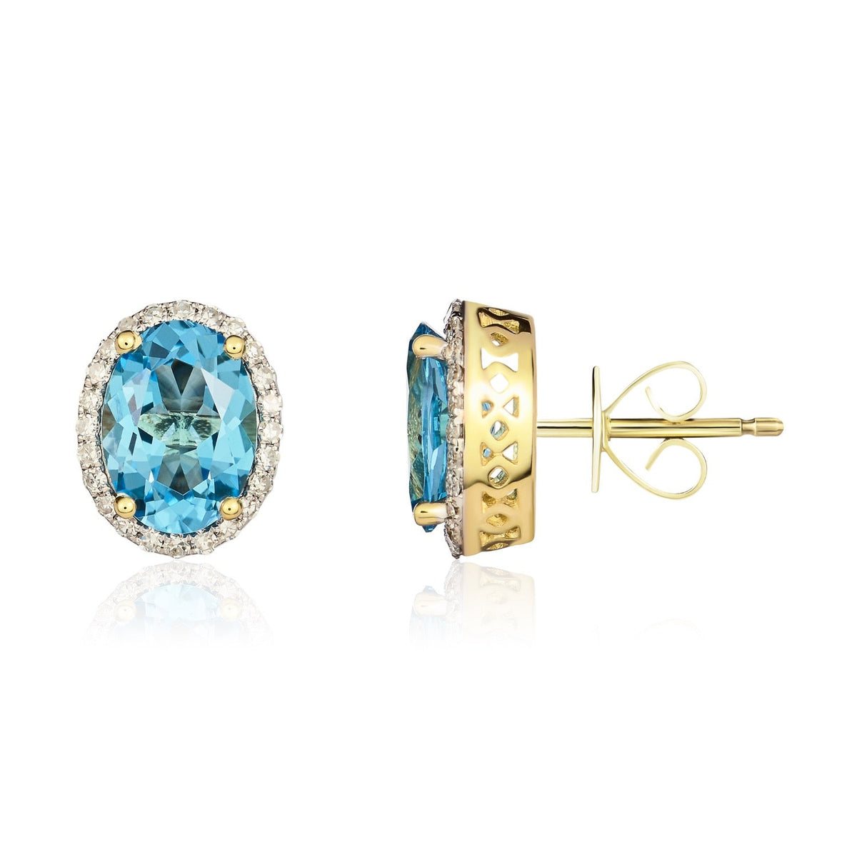 9ct Yellow Gold Oval Natural Swiss Blue Topaz & Diamond Claw Set Cluster Stud Earrings — 8x6mm