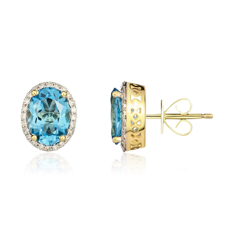 9ct Yellow Gold Oval Natural Swiss Blue Topaz & Diamond Claw Set Cluster Stud Earrings — 8x6mm