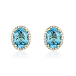 9ct Yellow Gold Oval Natural Swiss Blue Topaz & Diamond Claw Set Cluster Stud Earrings — 8x6mm