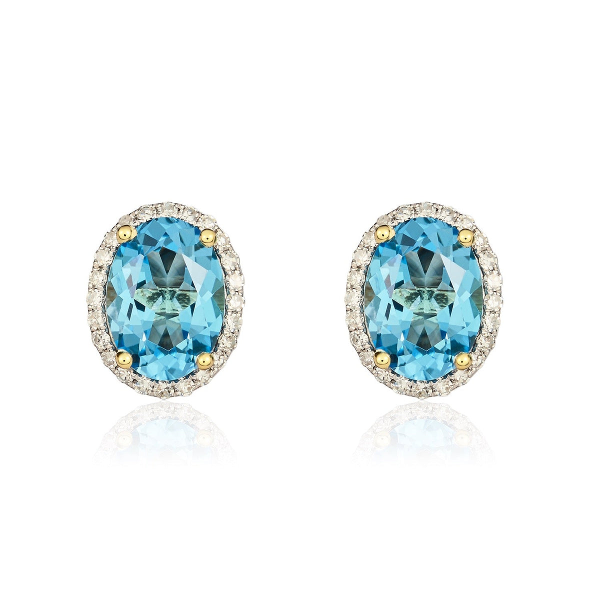 9ct Yellow Gold Oval Natural Swiss Blue Topaz & Diamond Claw Set Cluster Stud Earrings — 8x6mm