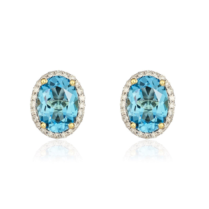 9ct Yellow Gold Oval Natural Swiss Blue Topaz & Diamond Claw Set Cluster Stud Earrings — 8x6mm