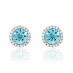 9ct Yellow Gold Round Natural Swiss Blue Topaz & Diamond Claw Set Cluster Stud Earrings — 6mm