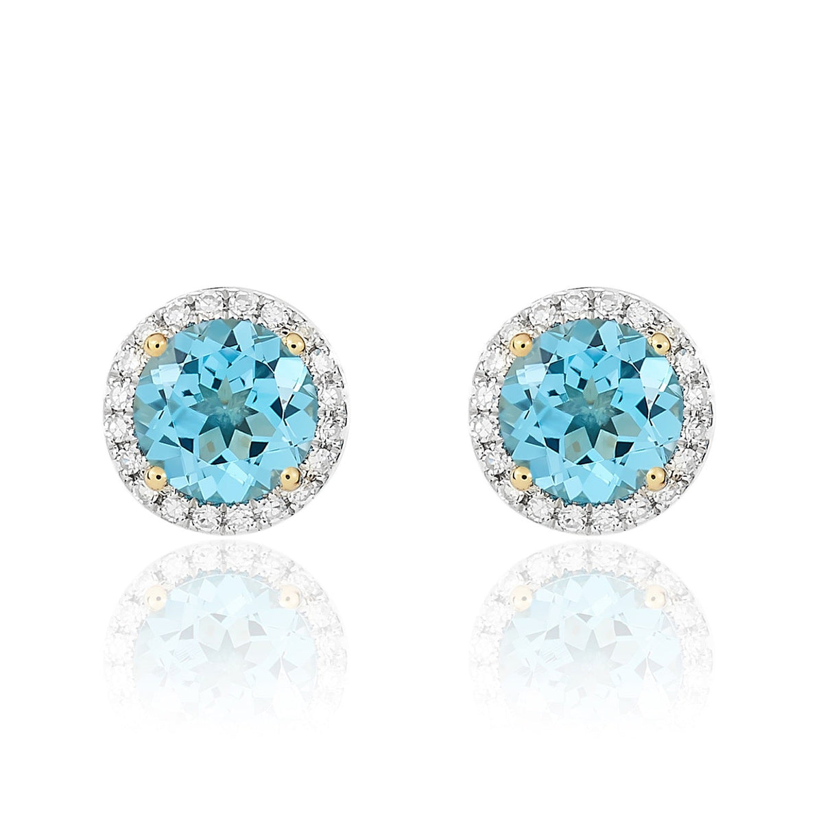 9ct Yellow Gold Round Natural Swiss Blue Topaz & Diamond Claw Set Cluster Stud Earrings — 6mm