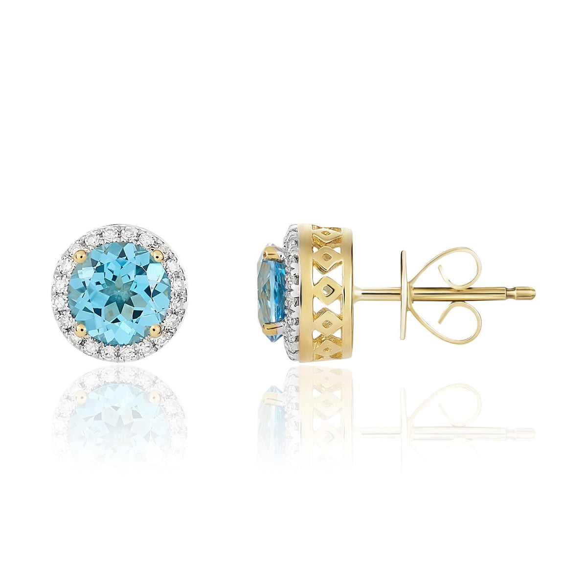 9ct Yellow Gold Round Natural Swiss Blue Topaz & Diamond Claw Set Cluster Stud Earrings — 6mm
